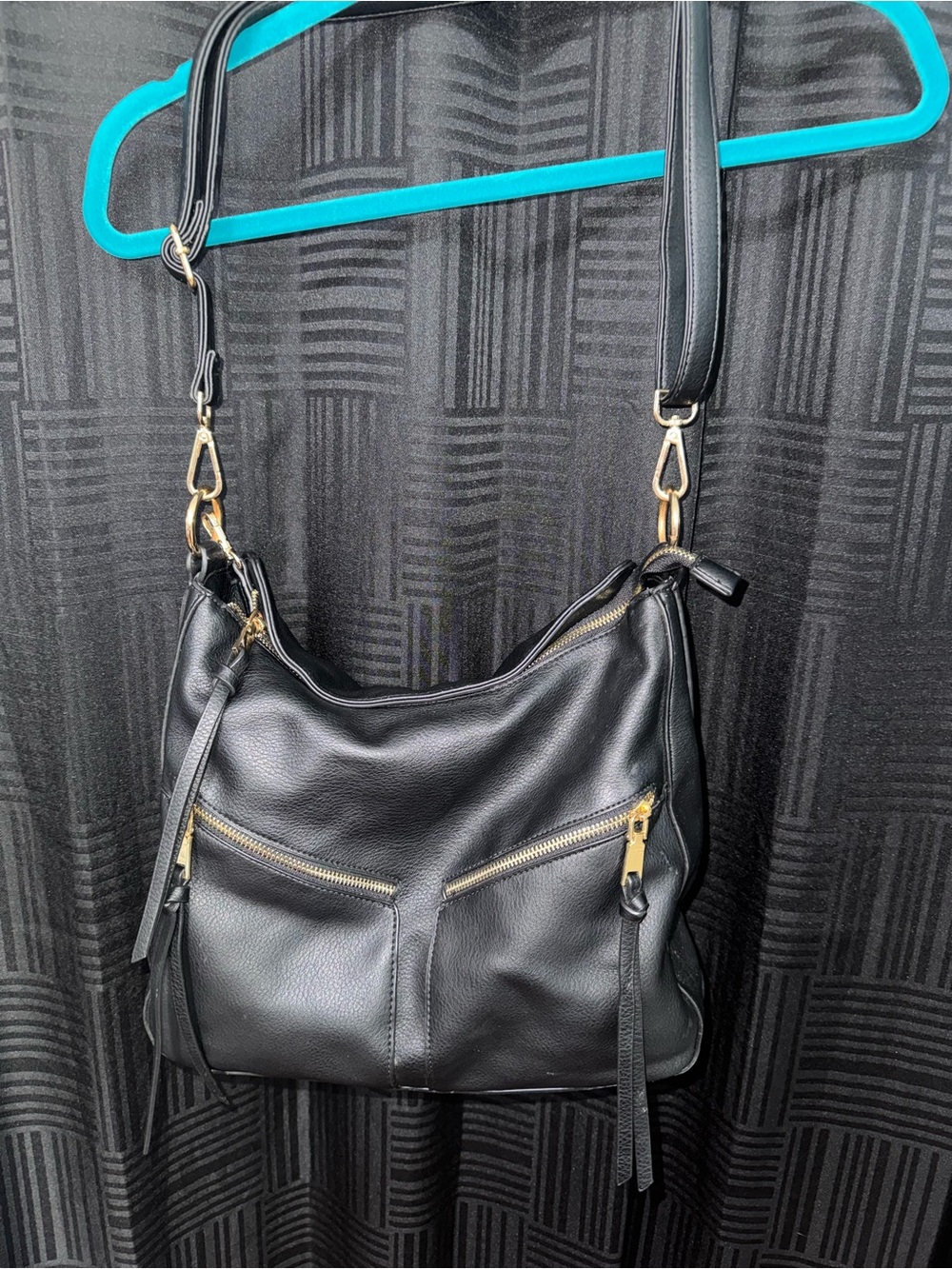 Black Leather Shoulder Bag with Gold Hardware